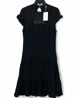 foxiedox Black Lace Midi Dress with Ruffle Hem and large open back cutout.